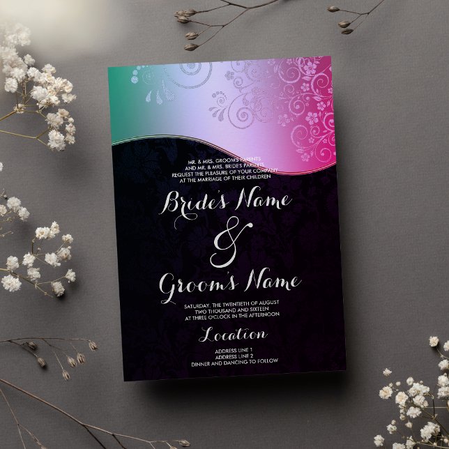 Schwarz-Rosa-Hochzeit mit Aquamarinem Gradient-Flo Einladung (Black Pink Teal Gradient Floral Damask Wedding )