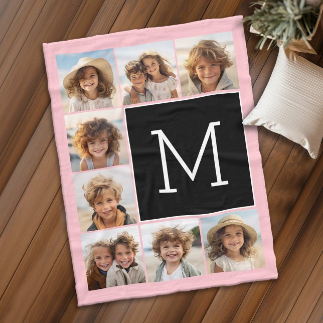 Schwarz-Rosa-Instagramm 8 Foto Collage Monogramm Fleecedecke (Personalized fleece blanket with photos and text)