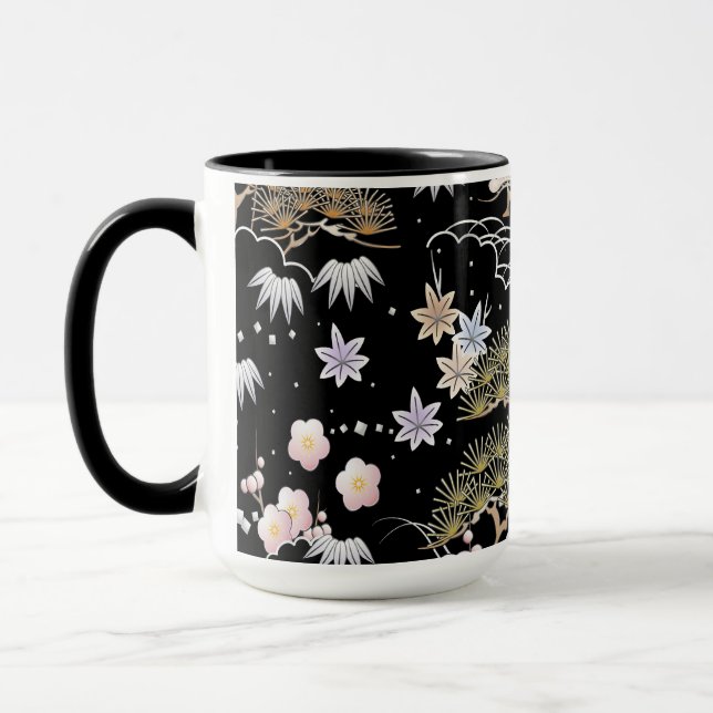 Schwarz-Rosa-Kirschblossom Blumenmuster Tasse (Links)