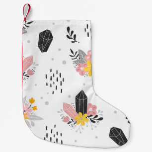 Schwarz, rosa Kristalle, nahtlos blühend. Kleiner Weihnachtsstrumpf