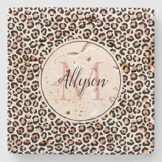Schwarz-Rosa-Leopard-Print Monogram Steinuntersetzer (Vorderseite)