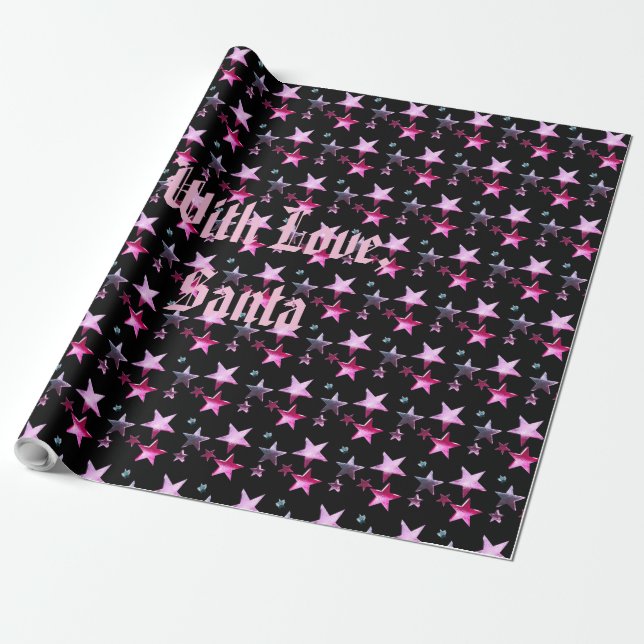 Schwarz Rosa Lila Weihnachtssterne Muster Name hin Geschenkpapier (Ungerollt)
