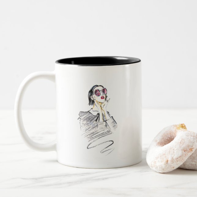 Schwarz-Rosa mädchenhafte Schönheit Zweifarbige Tasse (Mit Donut)
