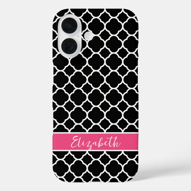 Schwarz/Rosa Modernes Quatrefolien-Monogramm Case-Mate iPhone Hülle (Rückseite)