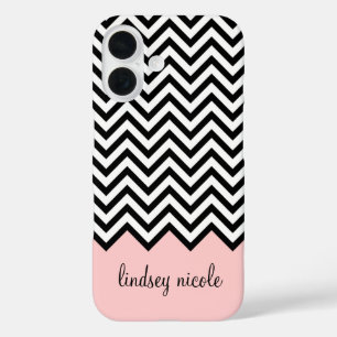 Schwarz/Rosa Modernes Zickzack Monogramm iPhone 16 Hülle