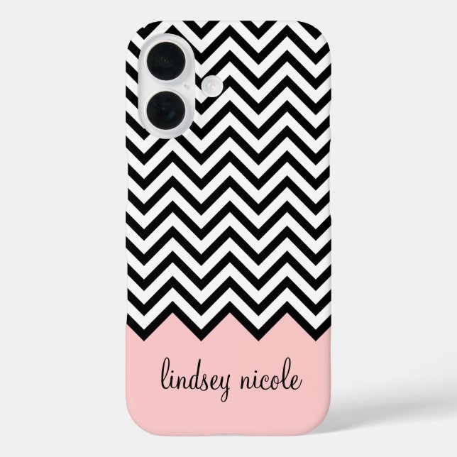 Schwarz/Rosa Modernes Zickzack Monogramm Case-Mate iPhone Hülle (Rückseite)