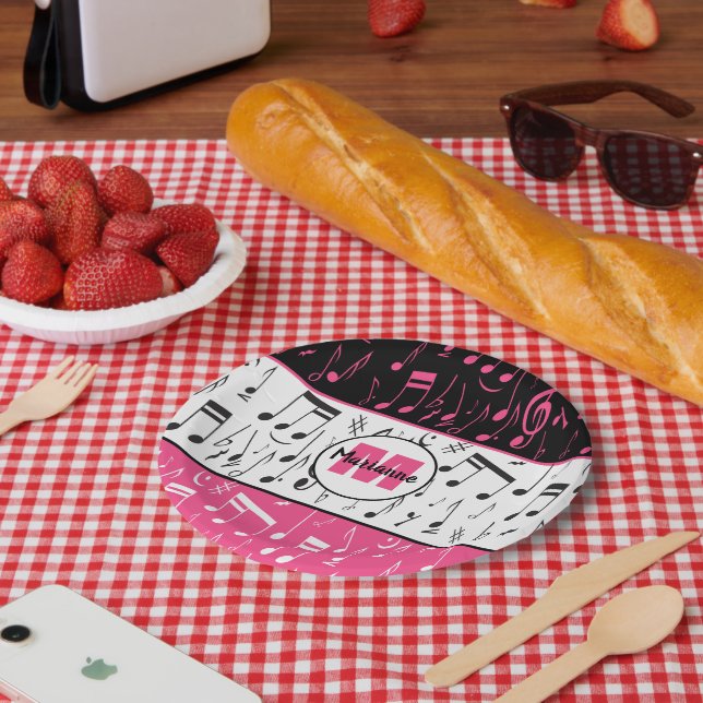 Schwarz-Rosa-Musiknoten Pappteller (Picknick)