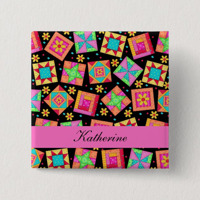 Schwarz-rosa-Patchwork-Quilt-Blöcke Name-Abzeichen Button (Vorderseite)