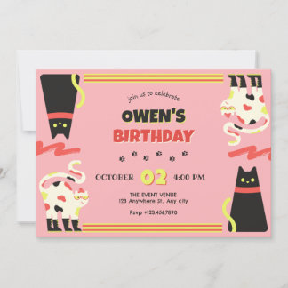 Schwarz-Rosa-Retro-Katze Geburtstag Einladung
