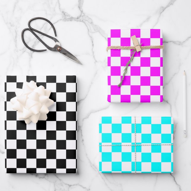 Schwarz-Rosa Retro Schach Schachbrett Muster Geschenkpapier Set (Vorderseite)