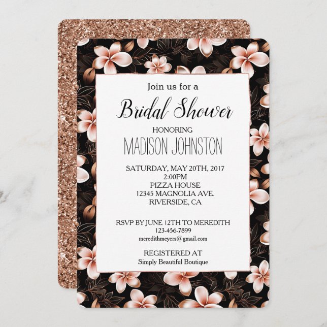 Schwarz Rosa Rose Gold Brautparty Einladung (Vorne/Hinten)