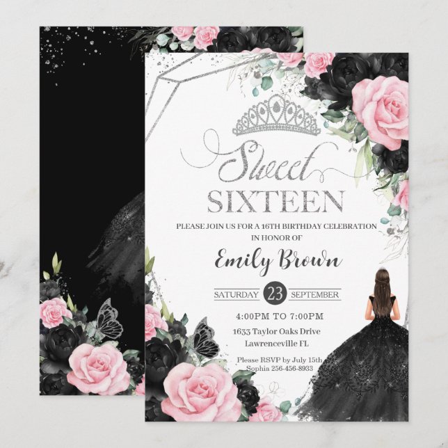 Schwarz Rosa Rosen Blütendruckerin Sweet 16 Silver Einladung (Vorne/Hinten)