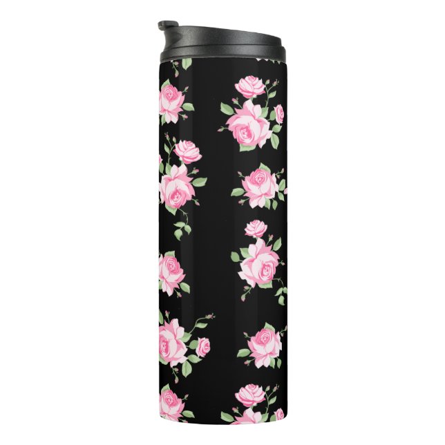 Schwarz/Rosa Rosen Klassische Vintage Rose Thermosbecher (Nach rechts gedreht)