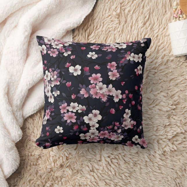 Schwarz-Rosa-Sakura-Blume, Musterdesign, Kissen (Decke)