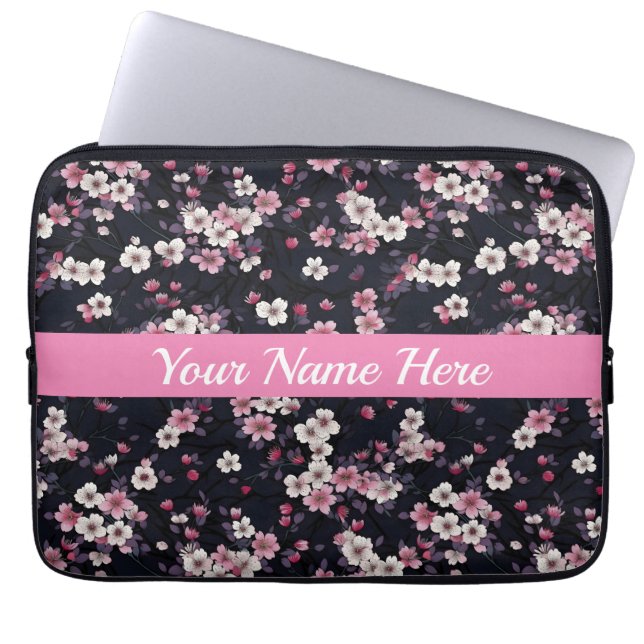 Schwarz-Rosa-Sakura-Blume, Musterdesign, Laptopschutzhülle (Vorderseite)