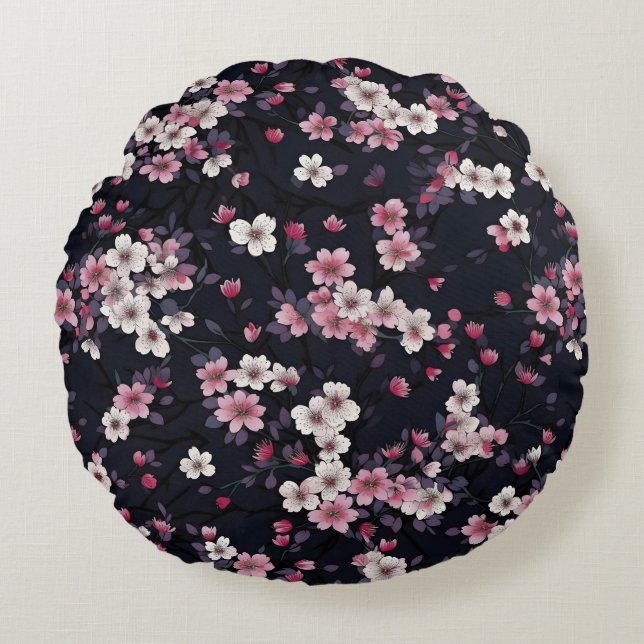 Schwarz-Rosa-Sakura-Blume, Musterdesign, Rundes Kissen (Vorderseite)