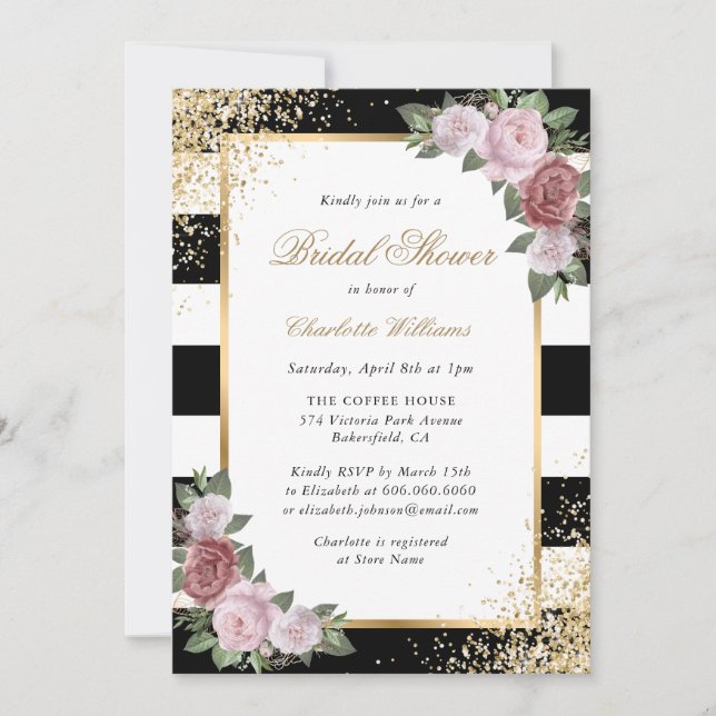 Schwarz Rosa Schwarzer Glitzer Blumenblume Brautpa Einladung (Vorderseite)