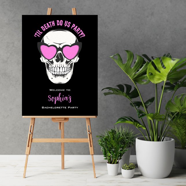 Schwarz-Rosa-Skull-Junggeselinnen-Abschied Begrüßu Poster (Black and pink skull bachelorette party welcome sign.)