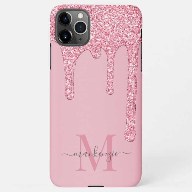 Schwarz Rosa Sparkle Glam Glitzer Tropfen Monogram iPhone Hülle (Rückseite)