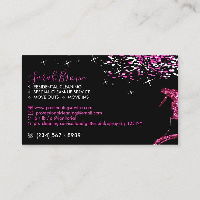 Schwarz-Rosa-Spray funkelnde Maid House Reinigung Visitenkarte (Rückseite)