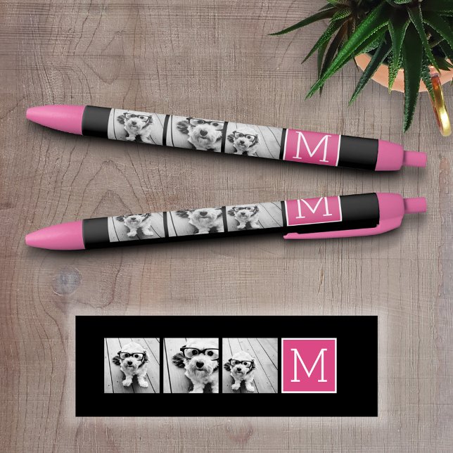 Schwarz-Rosa-TrendfotoCollage mit Monogramm Kugelschreiber (Custom Pen - Personalize this writing pen with photos, your name, monogram or other text)