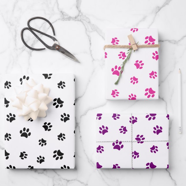 Schwarz-Rosa- und Lila-Paw-Druckmuster Geschenkpapier Set (Vorderseite)