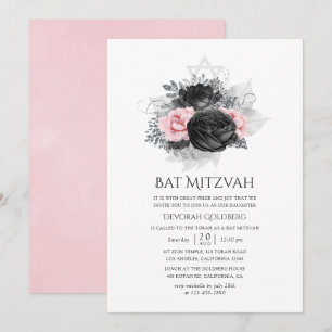 Schwarz Rosa und Silber Vintage Rosen Bat Mizwa Einladung