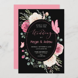 Schwarz-Rosa-Weiß-Aquarellfarben Rose Hochzeit Einladung