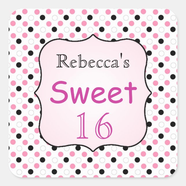 Schwarz, rosa, weißer Polka-Punkt Sweet 16 Sticker (Vorderseite)
