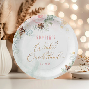 Schwarz-Rosa-Winter-Landschaft Mädchen Geburtstag Pappteller