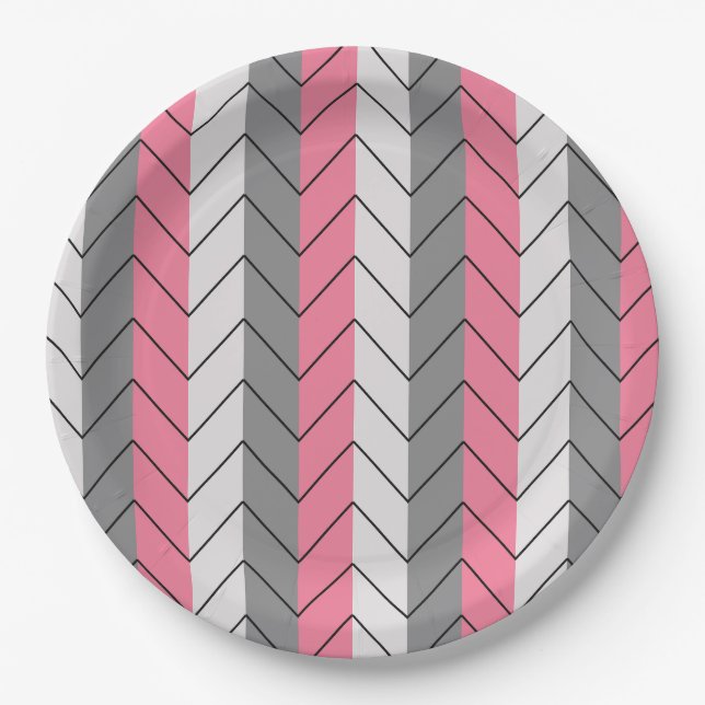 Schwarz-Rosa Zickzack Stripes Party Pappteller (Vorderseite)