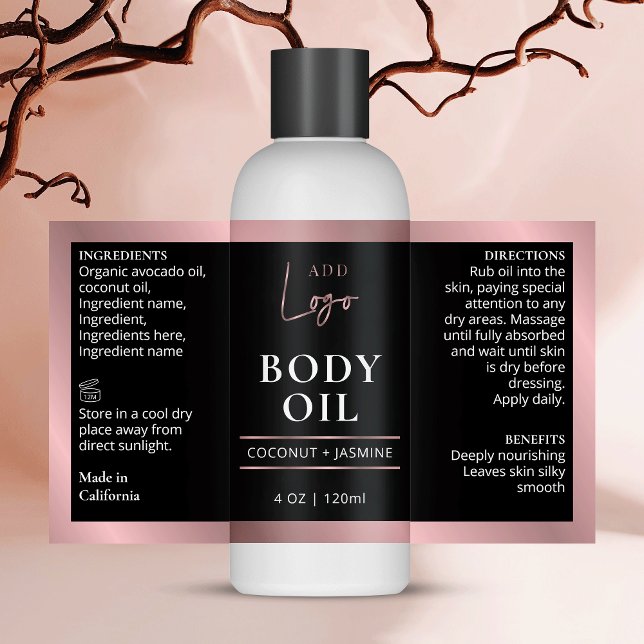 Schwarz & Rose Gold 4 OZ Kosmetische Flasche Rechteckiger Aufkleber (Elegant black and faux rose gold border cosmo bottle wrapper label with space for your logo)