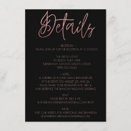 Schwarz & Rose Gold Glitzer Hochzeitsdetails Begleitkarte