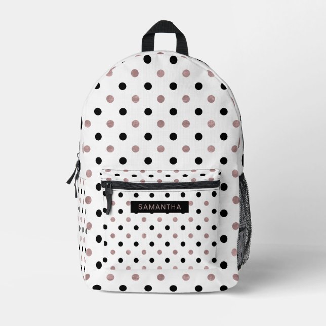 Schwarz & Rose Gold Polka Punkte in weißem Hinterg Bedruckter Rucksack (Vorderseite)