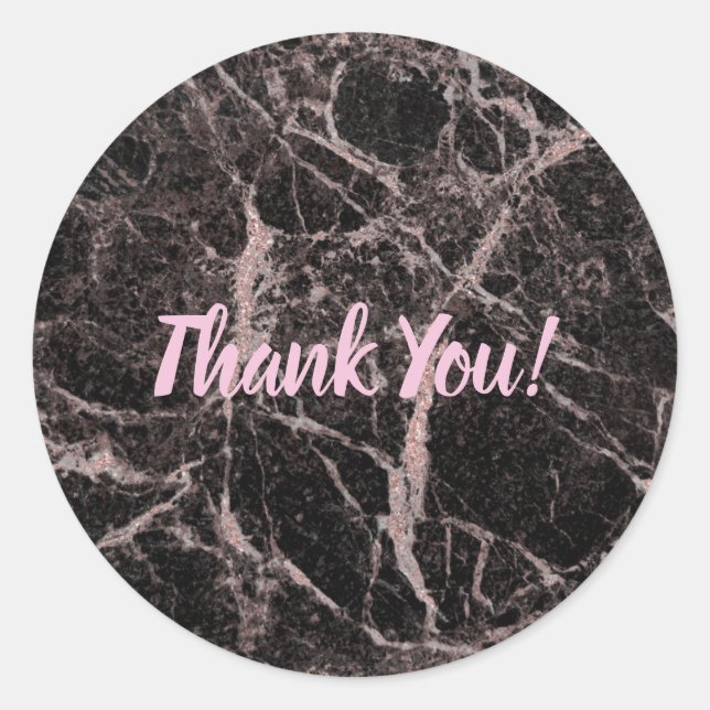 Schwarz & Rose Gold Rosa Glitzer Marmorschlauch Runder Aufkleber (Vorderseite)