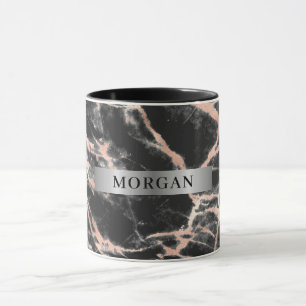 Schwarz & Roségold Marmor, Name auf Silberband Tas Tasse