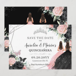 Schwarz Roses Floral Twins Quinceanera Sweet 16 Save The Date