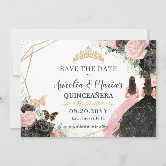 Schwarz Roses Floral Twins Quinceanera Sweet 16 Save The Date (Vorderseite)