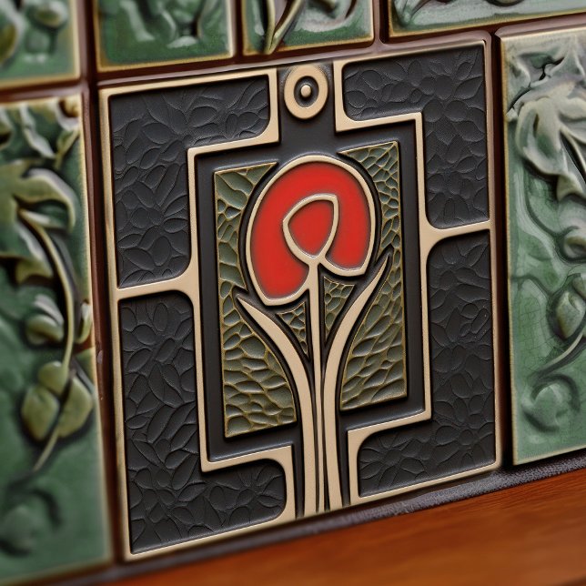 Schwarz-Rot-Abstrakte Blume Mitte des Jahrhunderts Fliese (Von Creator hochgeladen)