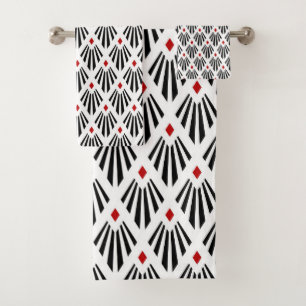 Schwarz-Rot-Art-Deco-Muster Badhandtuch Set