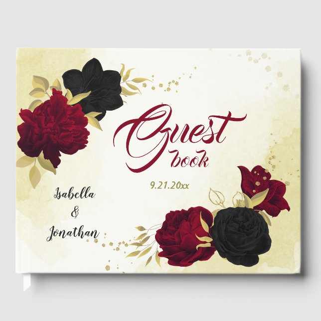 Schwarz-Rot-Blume-Gold-Blätter Gästebuch (Vorderseite)
