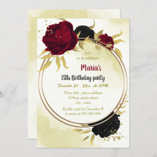 Schwarz-Rot-Blume Gold-Blätter Geburtstag Einladung