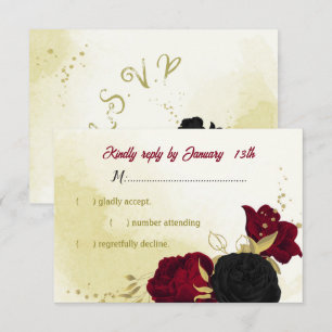 Schwarz-Rot-Blume-Gold-Blätter RSVP Karte