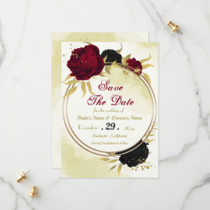 Schwarz-Rot-Blume-Gold-Blätter Save The Date