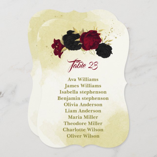 Schwarz-Rot-Blume Gold-Blätter Sitzkarte Einladung (Vorne/Hinten)