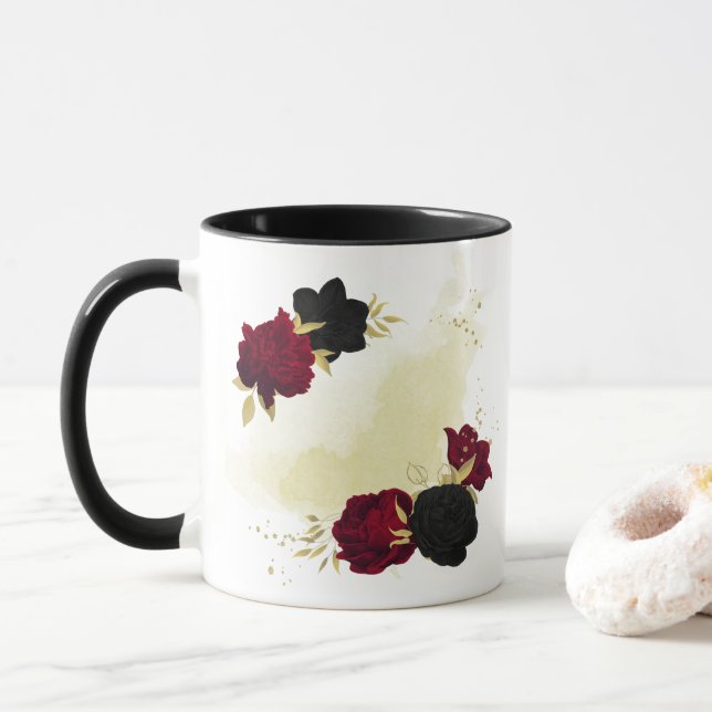 Schwarz-Rot-Blume-Gold-Blätter Tasse (Mit Donut)
