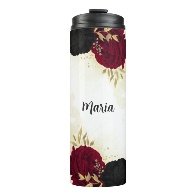 Schwarz-Rot-Blume-Gold-Blätter Thermosbecher (Vorderseite)