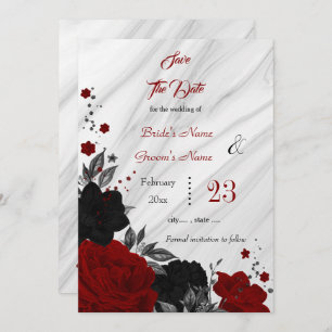 Schwarz-Rot-Blume-Graue Blätter aus Marmor Save The Date