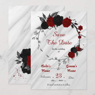 Schwarz-Rot-Blume-Graue Blätter botanischer Kranz Save The Date