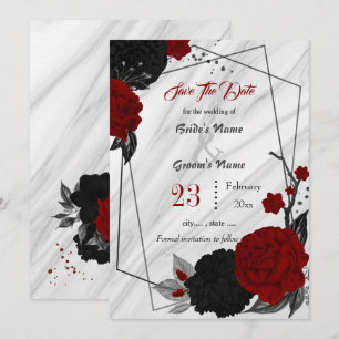 Schwarz-Rot-Blume Graue Blätter geometrischer Marm Save The Date